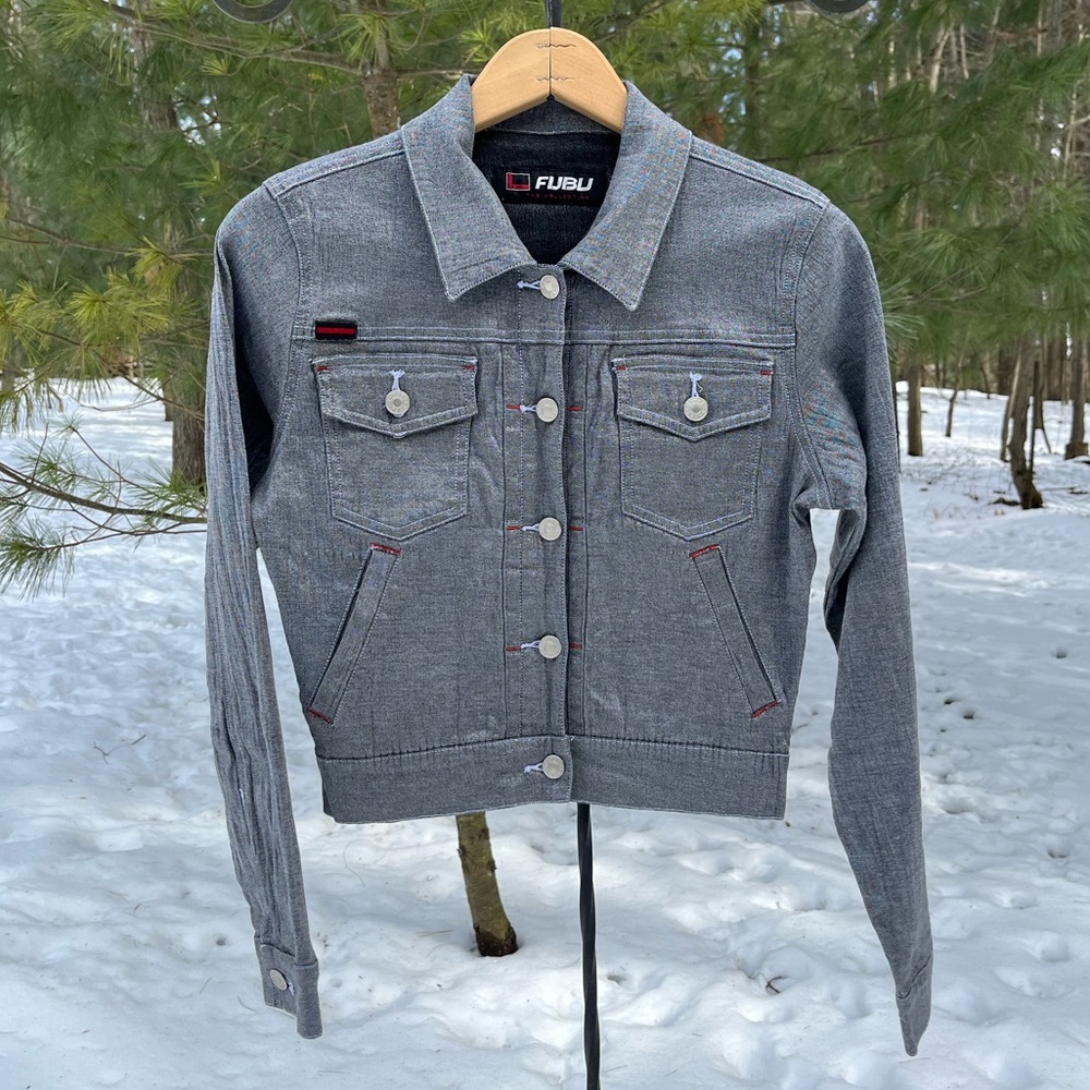 Y2K FUBU Silver Denim Cropped Jacket Stretch Metallic Streetwear Sexy